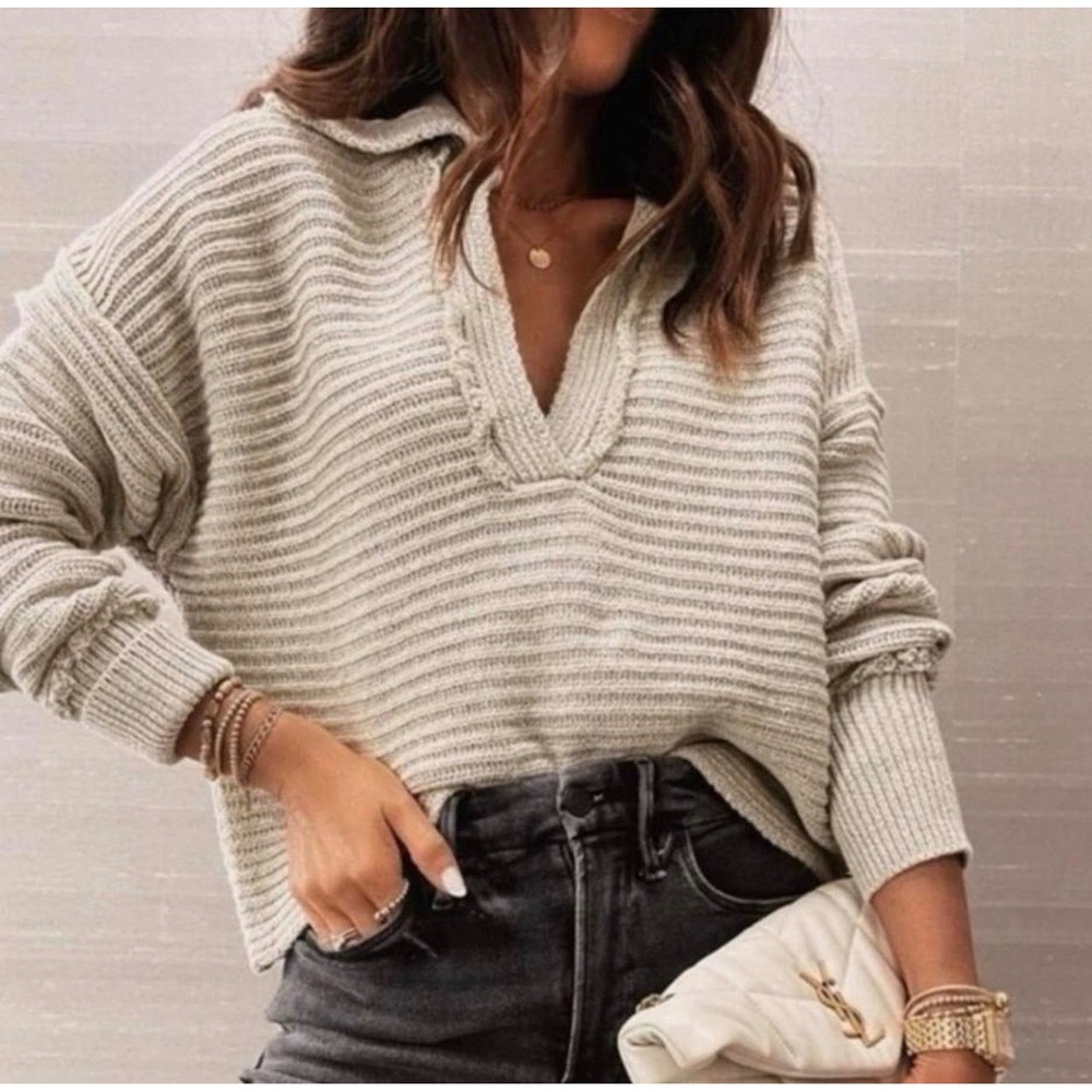 Free People Marlie Pullover Sweater L Pebble Ribbed V-Neck Knit OB1332205 Women